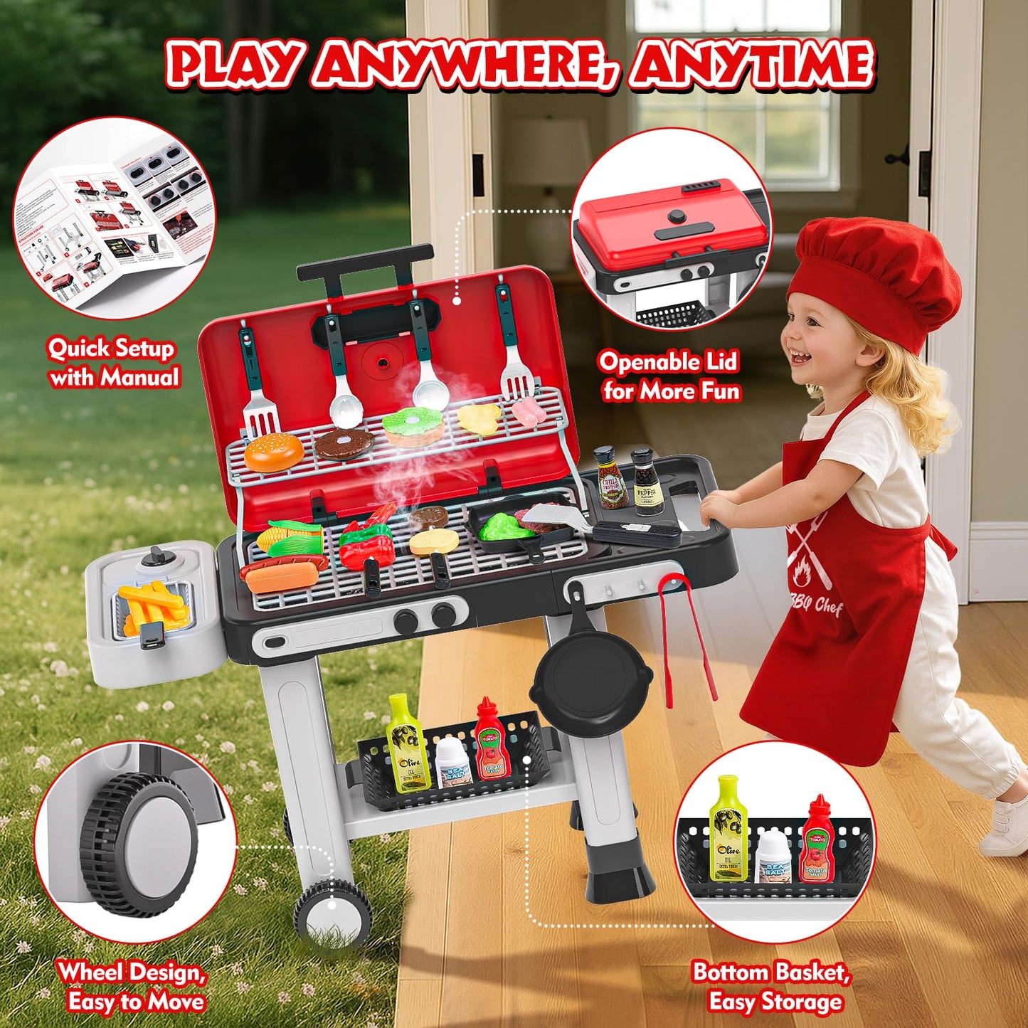 Aojieni 86PCS Kids Play Kitchen Grill Set – Color-Changing Food, Smoke, Sound & Light
