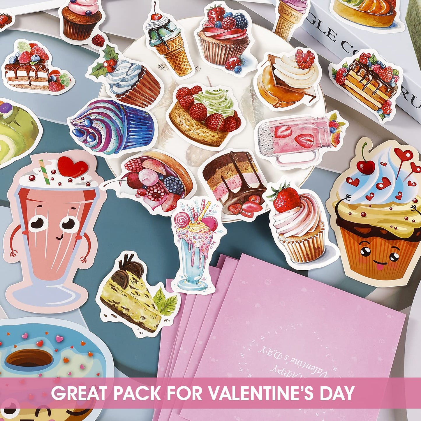 AOJOYS Valentines Day Cards for Kids – 36-Pack with Tattoos, Pink Envelopes & 80 Stickers