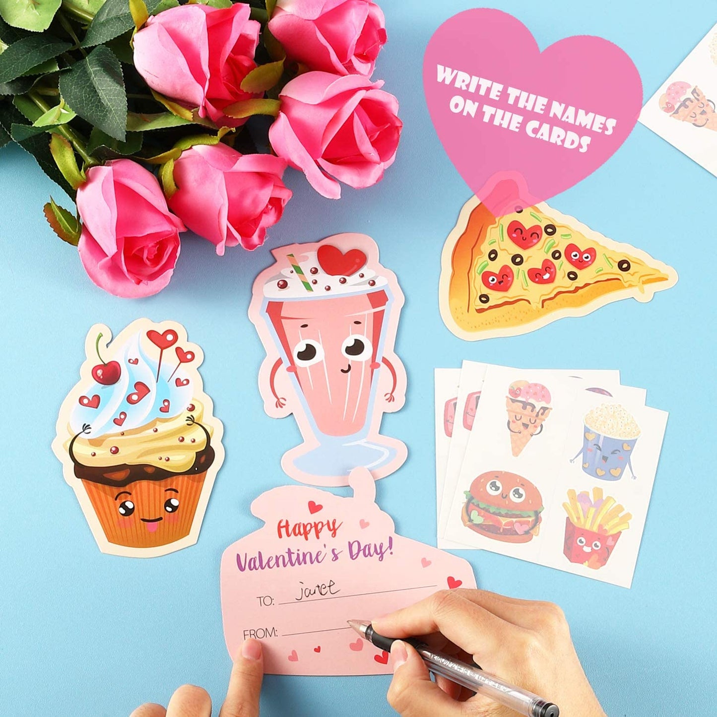 AOJOYS Valentines Day Cards for Kids – 36-Pack with Tattoos, Pink Envelopes & 80 Stickers