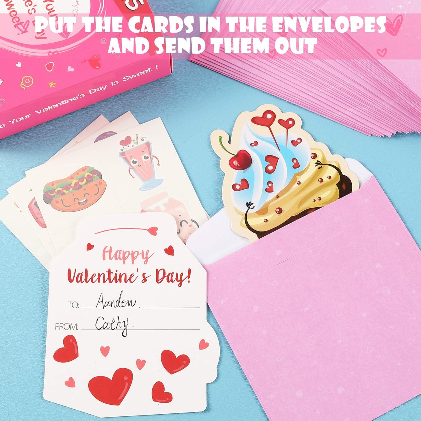 AOJOYS Valentines Day Cards for Kids – 36-Pack with Tattoos, Pink Envelopes & 80 Stickers