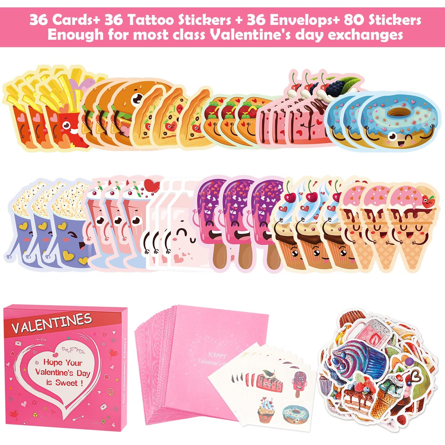 AOJOYS Valentines Day Cards for Kids – 36-Pack with Tattoos, Pink Envelopes & 80 Stickers