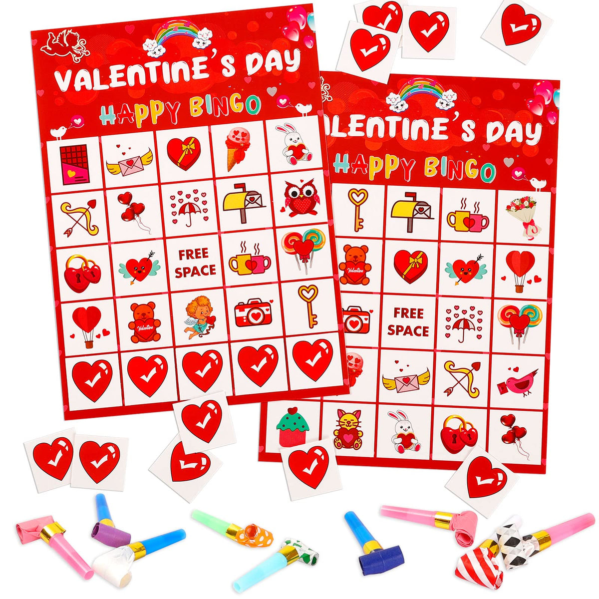 AOJOYS Valentine’s Day Bingo Game for Kids – 32 Player Cards, 10 Party Blowers, Classroom & Party Favors