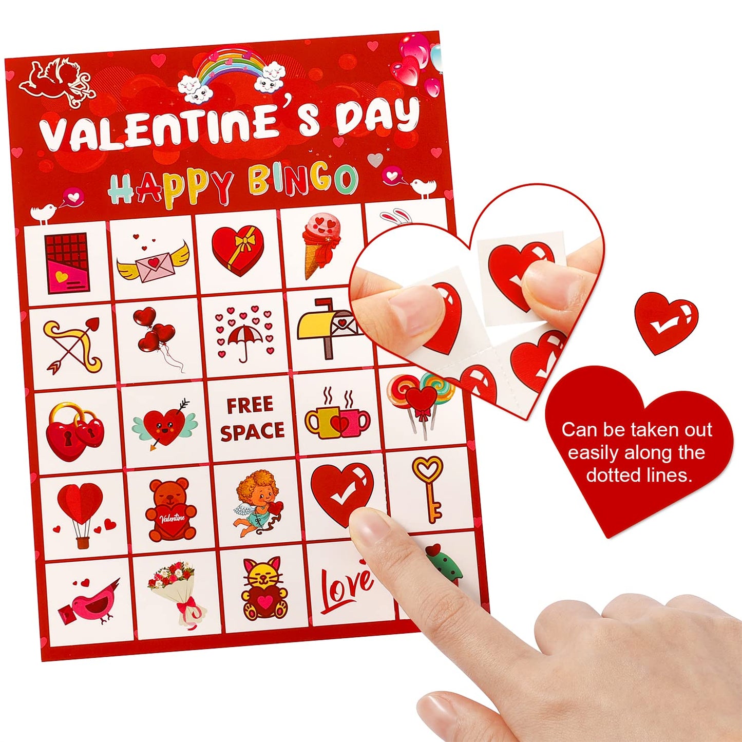 AOJOYS Valentine’s Day Bingo Game for Kids – 32 Player Cards, 10 Party Blowers, Classroom & Party Favors
