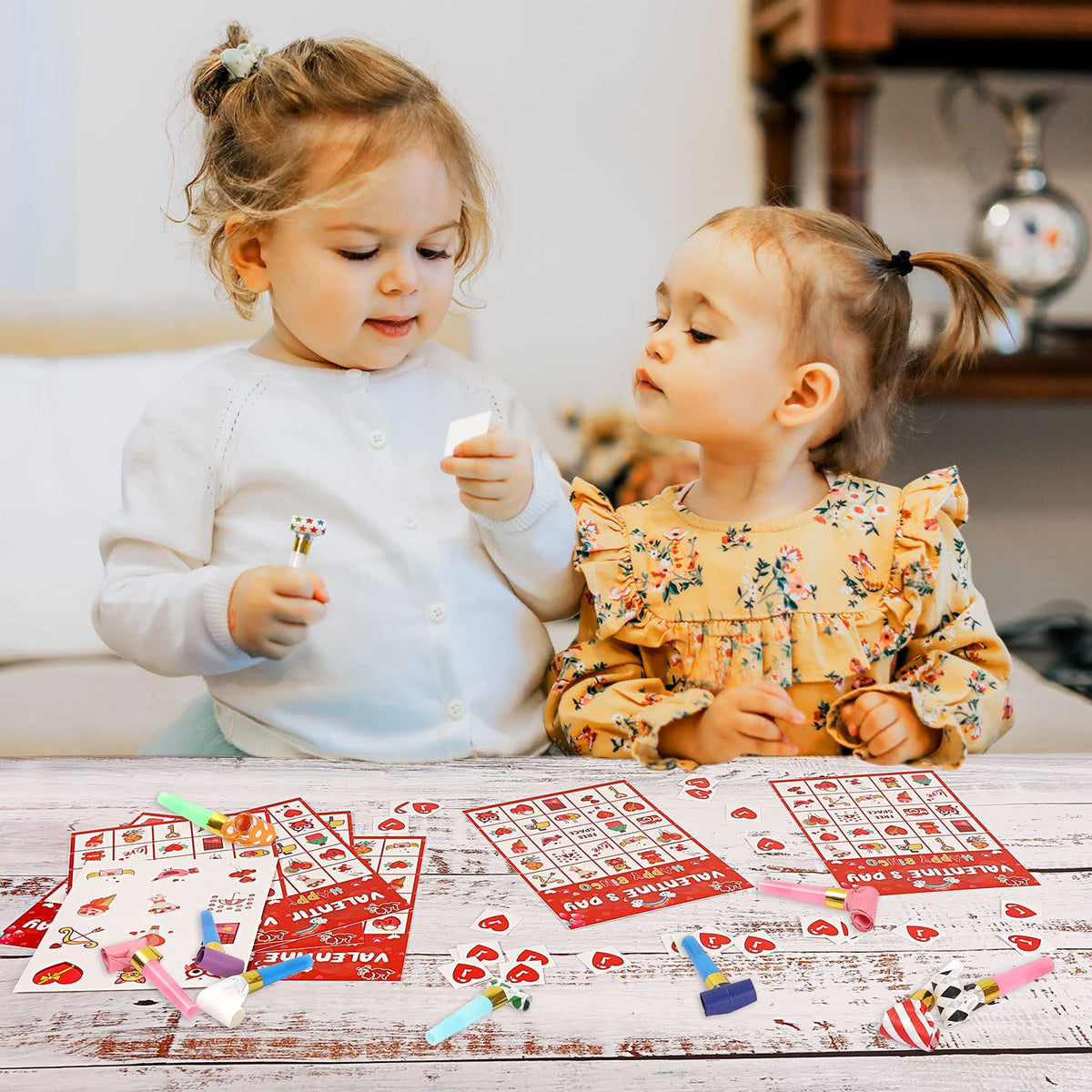 AOJOYS Valentine’s Day Bingo Game for Kids – 32 Player Cards, 10 Party Blowers, Classroom & Party Favors