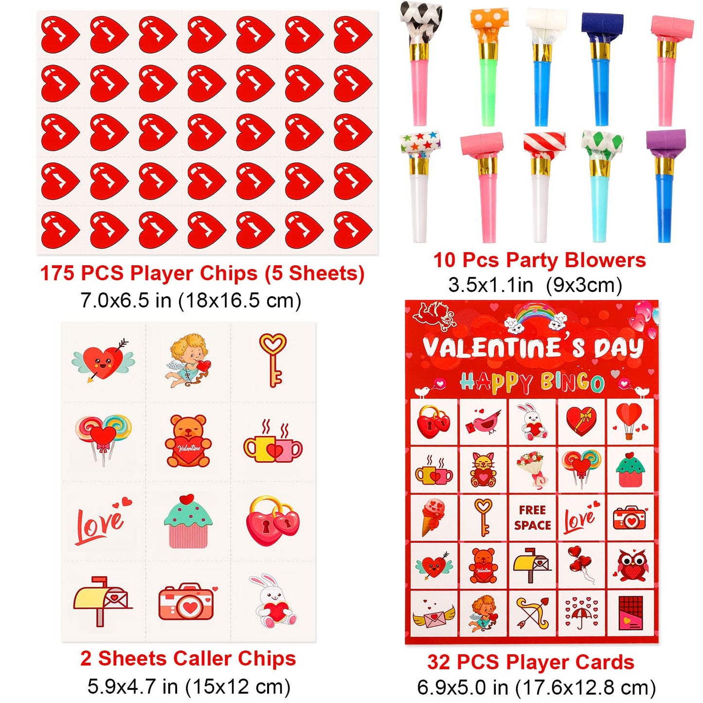 AOJOYS Valentine’s Day Bingo Game for Kids – 32 Player Cards, 10 Party Blowers, Classroom & Party Favors