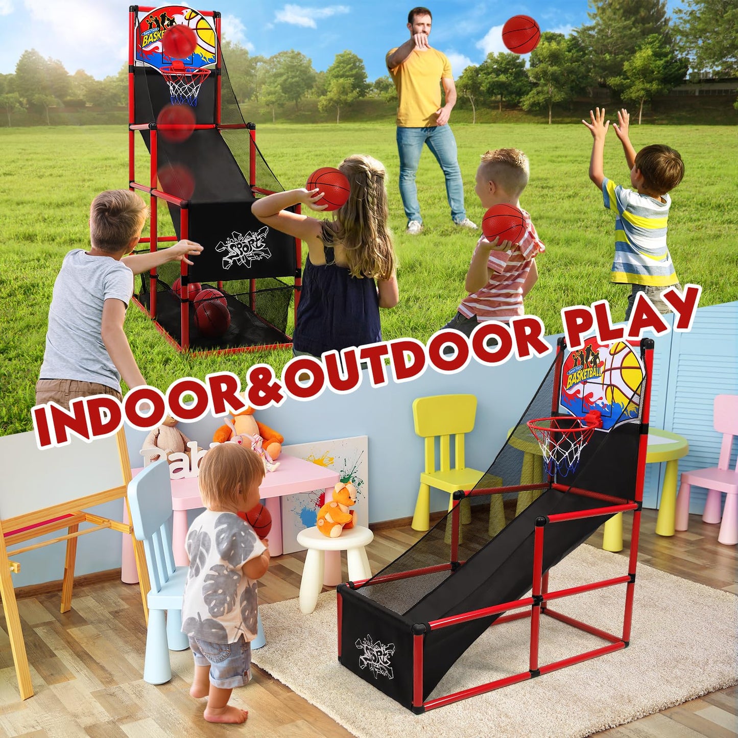 AOKESI Arcade Basketball Game Set — Adjustable Indoor/Outdoor Hoop for Kids
