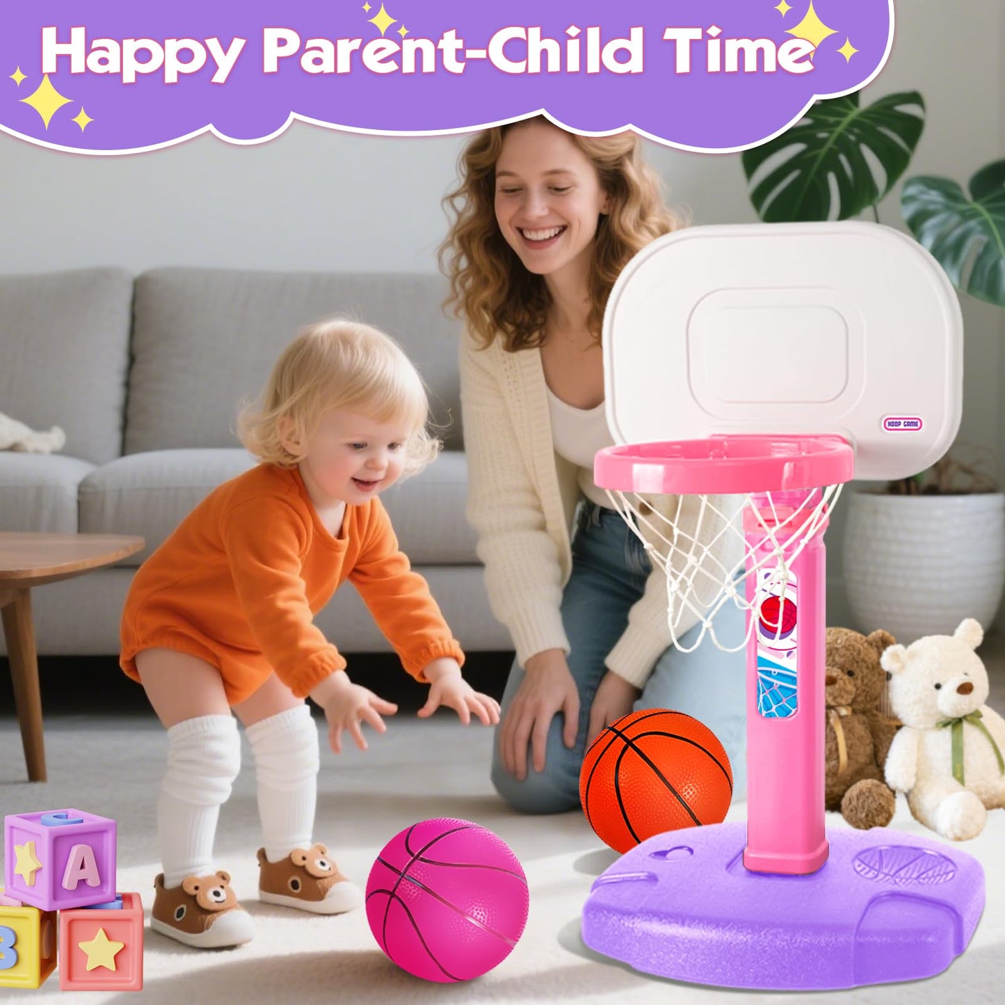 AOKESI Toddler Pink Basketball Hoop – Adjustable Indoor/Outdoor Mini Hoop for Ages 1-3