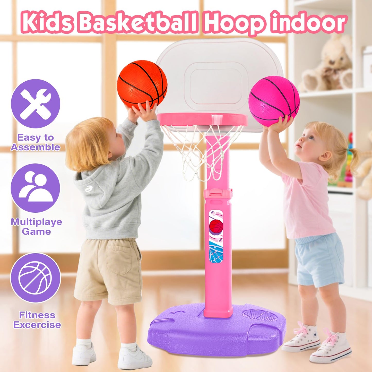 AOKESI Toddler Pink Basketball Hoop – Adjustable Indoor/Outdoor Mini Hoop for Ages 1-3