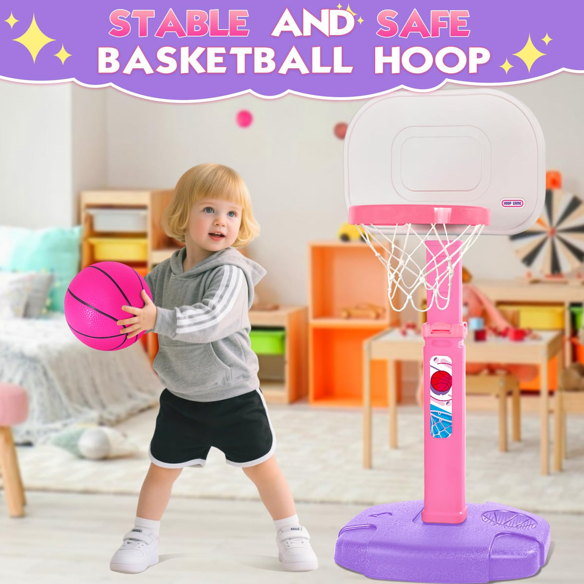 AOKESI Toddler Pink Basketball Hoop – Adjustable Indoor/Outdoor Mini Hoop for Ages 1-3