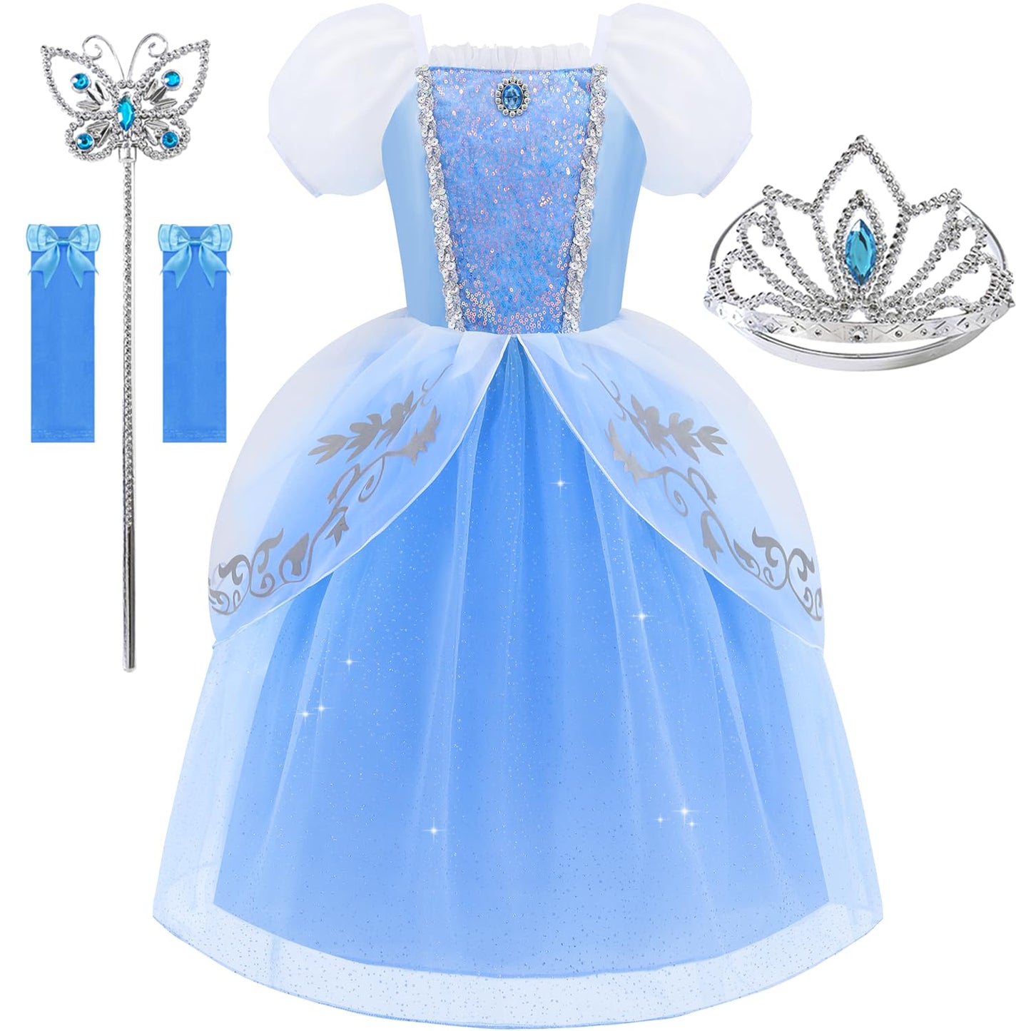 Aolliya Princess Dress for Girls – Blue Puff Sleeve Costume for Halloween