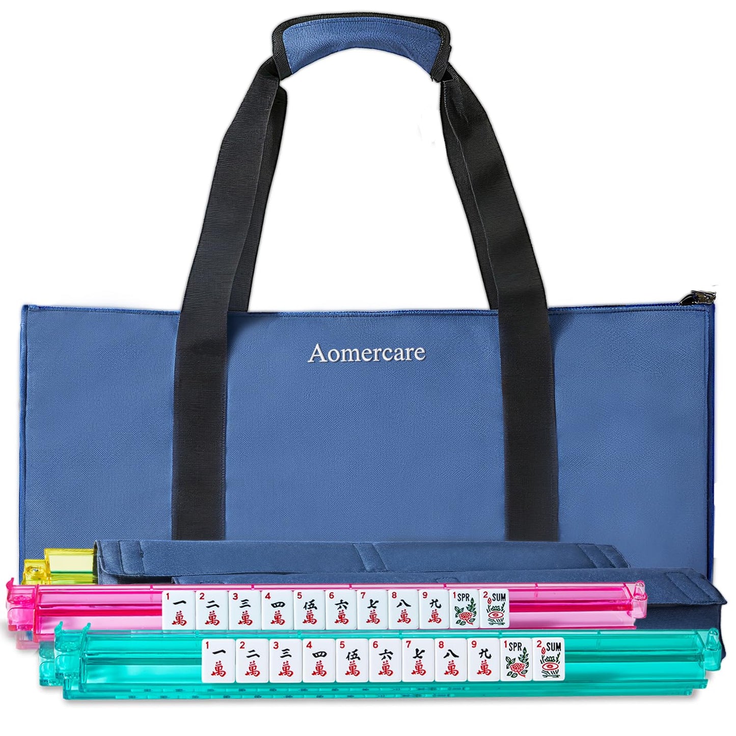 Aomercare American Mahjong Tiles Set – 166 White Tiles, 4 Color Racks & Pushers, Blue Carrying Bag