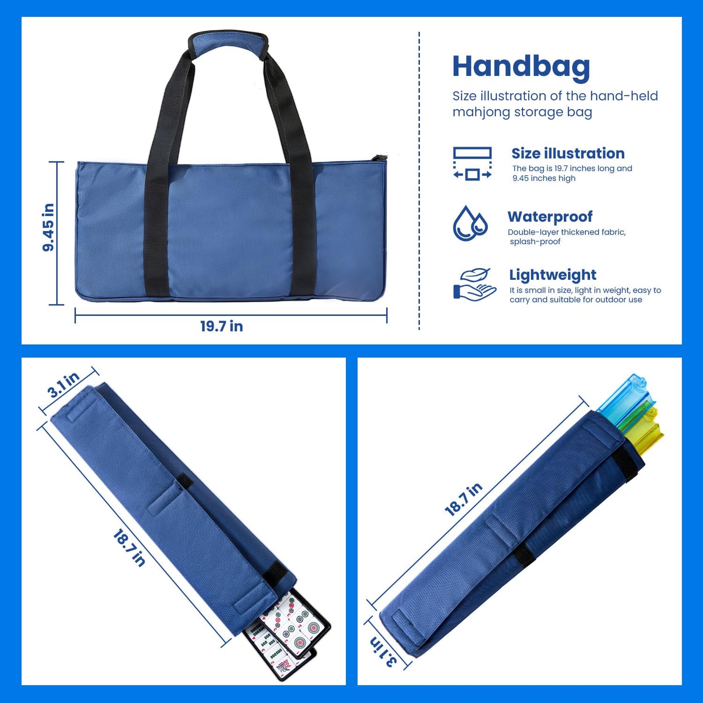 Aomercare American Mahjong Tiles Set – 166 White Tiles, 4 Color Racks & Pushers, Blue Carrying Bag