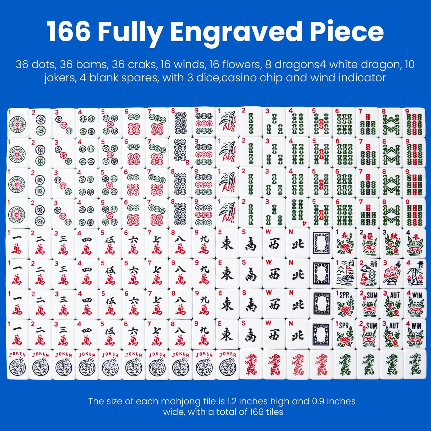 Aomercare American Mahjong Tiles Set – 166 White Tiles, 4 Color Racks & Pushers, Blue Carrying Bag