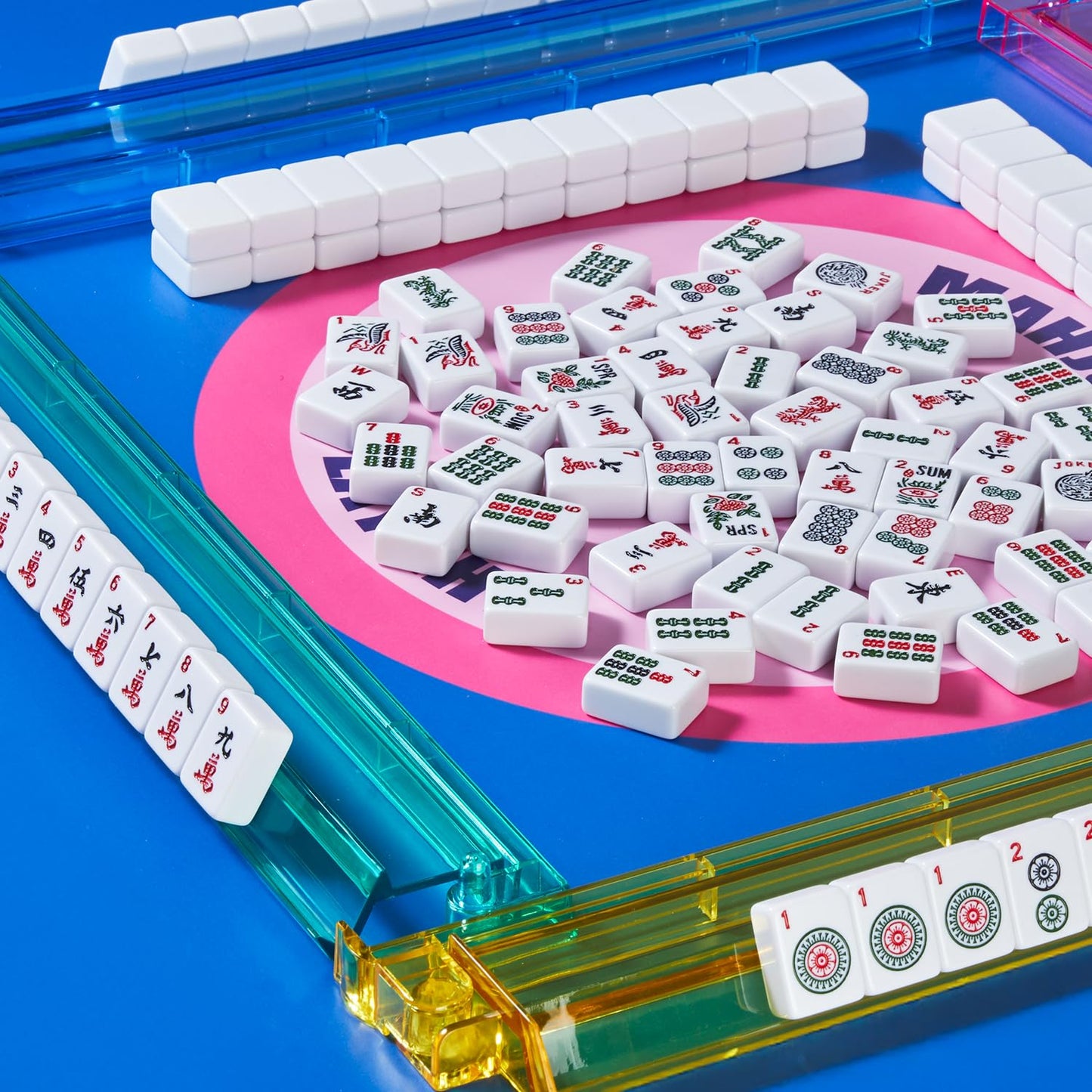 Aomercare American Mahjong Tiles Set – 166 White Tiles, 4 Color Racks & Pushers, Blue Carrying Bag