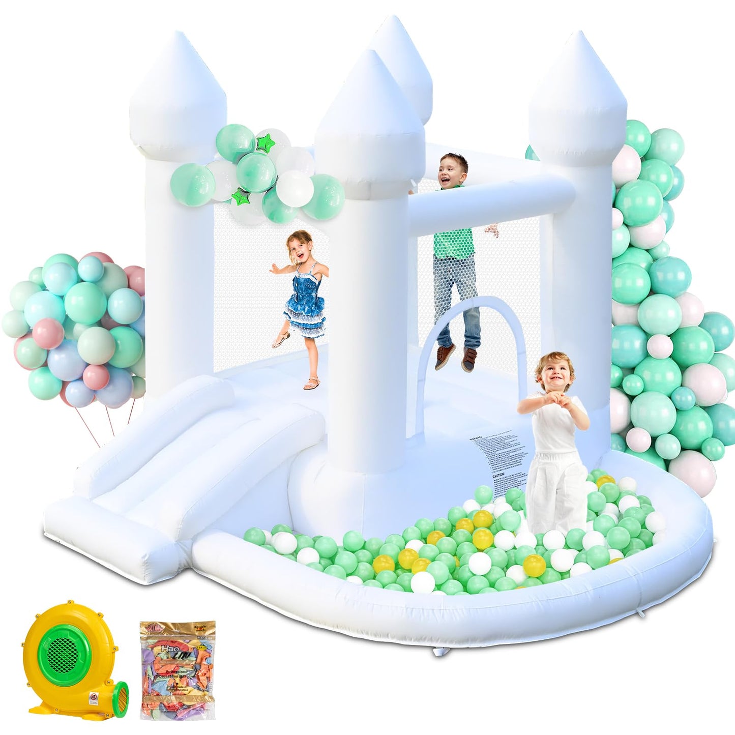 AONESY White Bounce House — Indoor/Outdoor Inflatable with Ball Pit & Slide