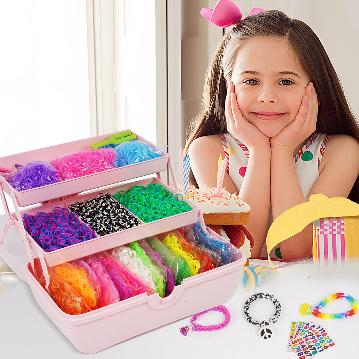 AooeDomi 14000+ Rubber Loom Bands Kit – 28 Colors, 3-Layer Storage, DIY Bracelet Craft for Kids