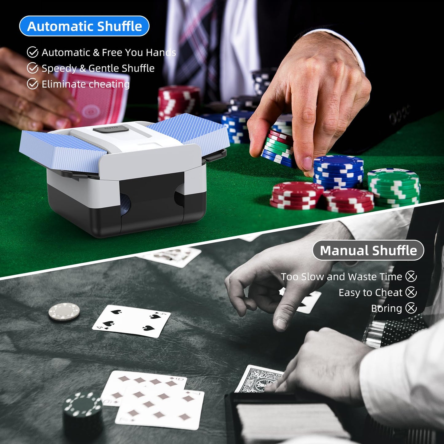 AOOELLO Automatic Card Shuffler 1-2 Decks – Rechargeable, Low Noise, Portable for UNO, Poker & More