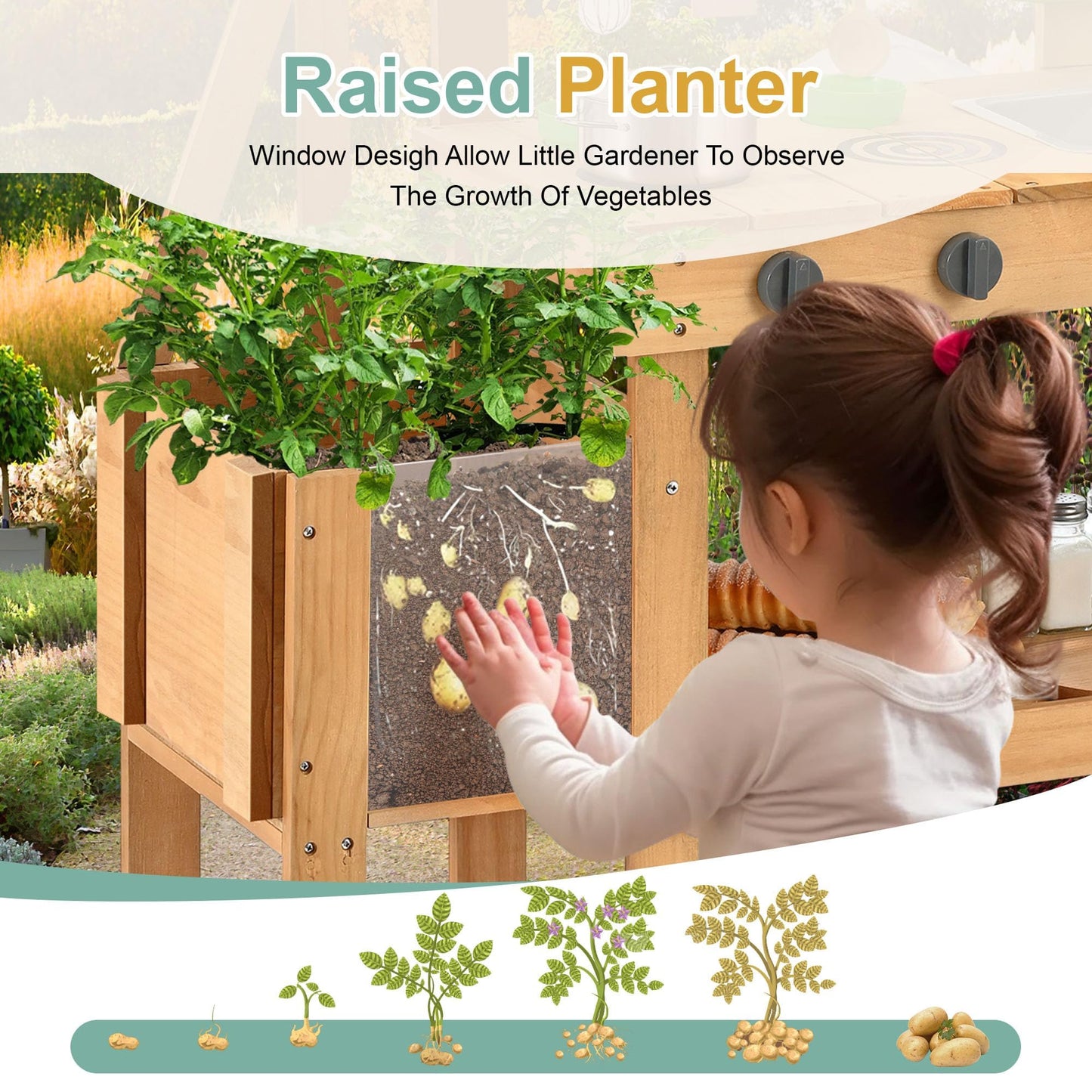Aoparts Mud Kitchen for Kids – Outdoor Wooden Play Kitchen with Planter Box