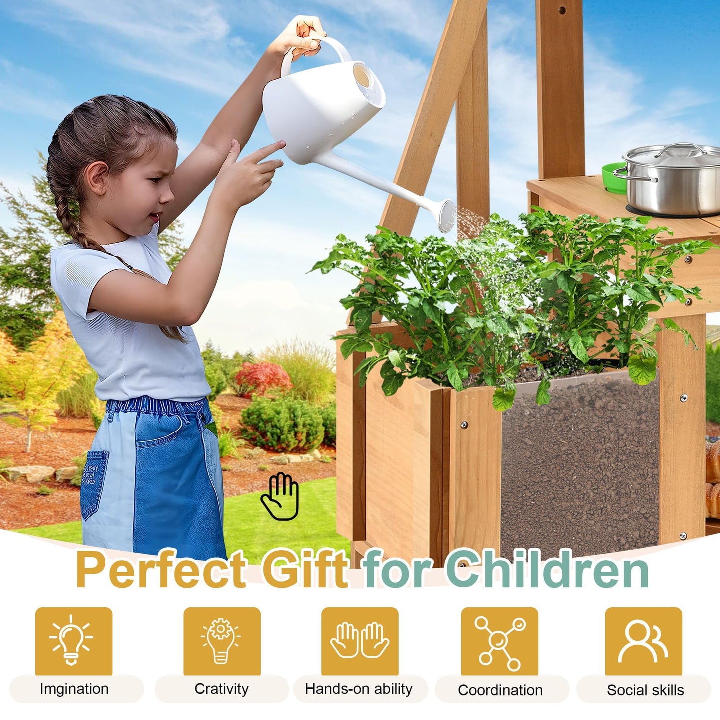 Aoparts Mud Kitchen for Kids – Outdoor Wooden Play Kitchen with Planter Box