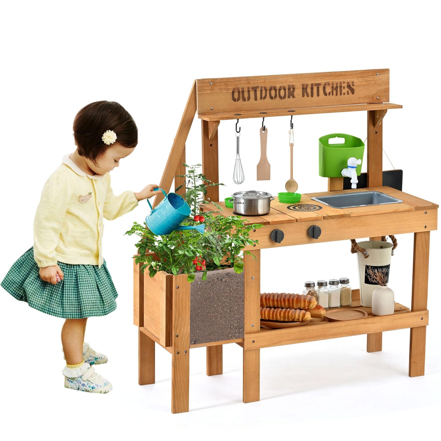 Aoparts Mud Kitchen for Kids – Outdoor Wooden Play Kitchen with Planter Box