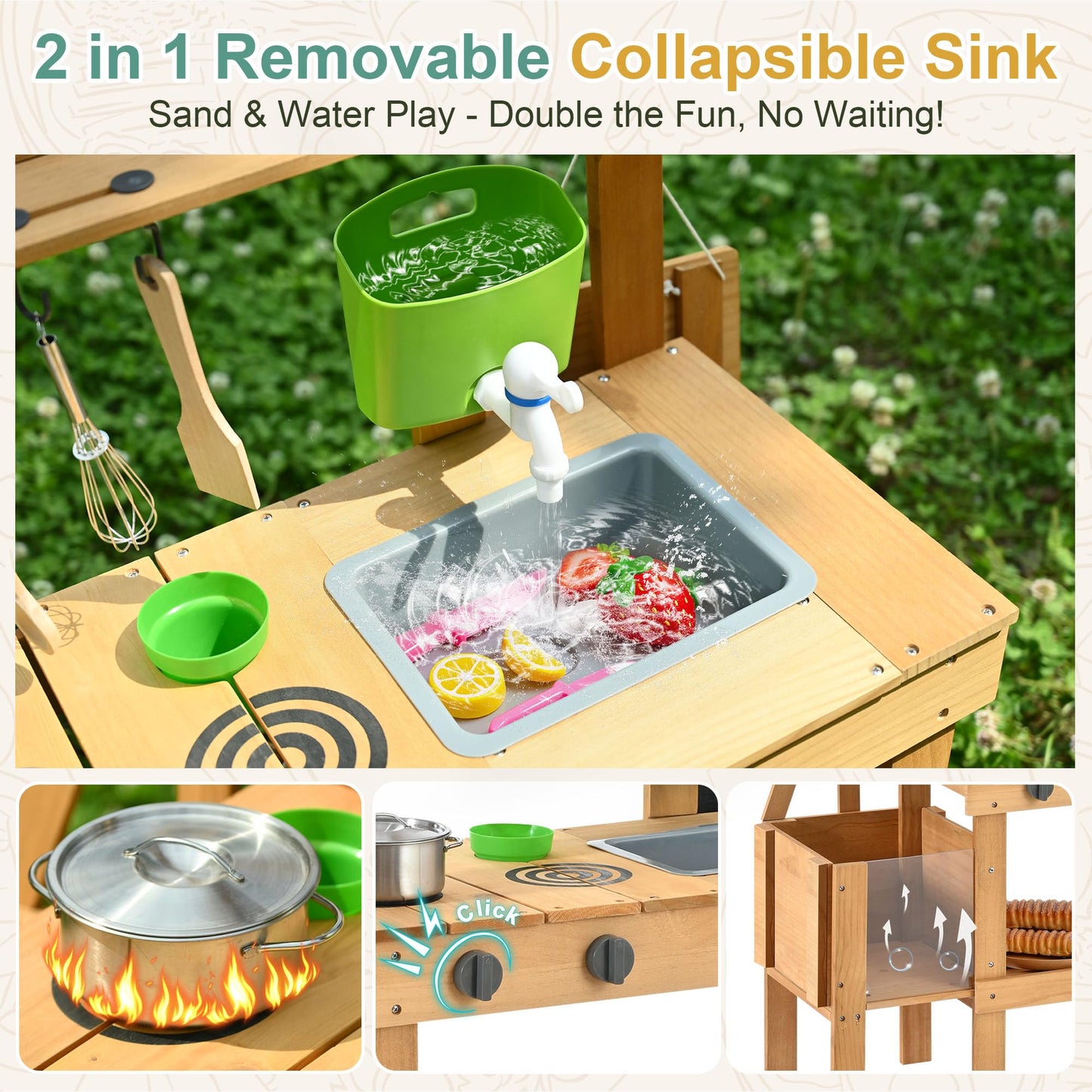 Aoparts Mud Kitchen for Kids – Outdoor Wooden Play Kitchen with Planter Box