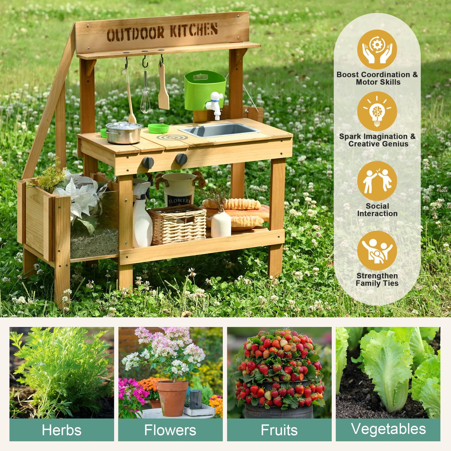 Aoparts Mud Kitchen for Kids – Outdoor Wooden Play Kitchen with Planter Box