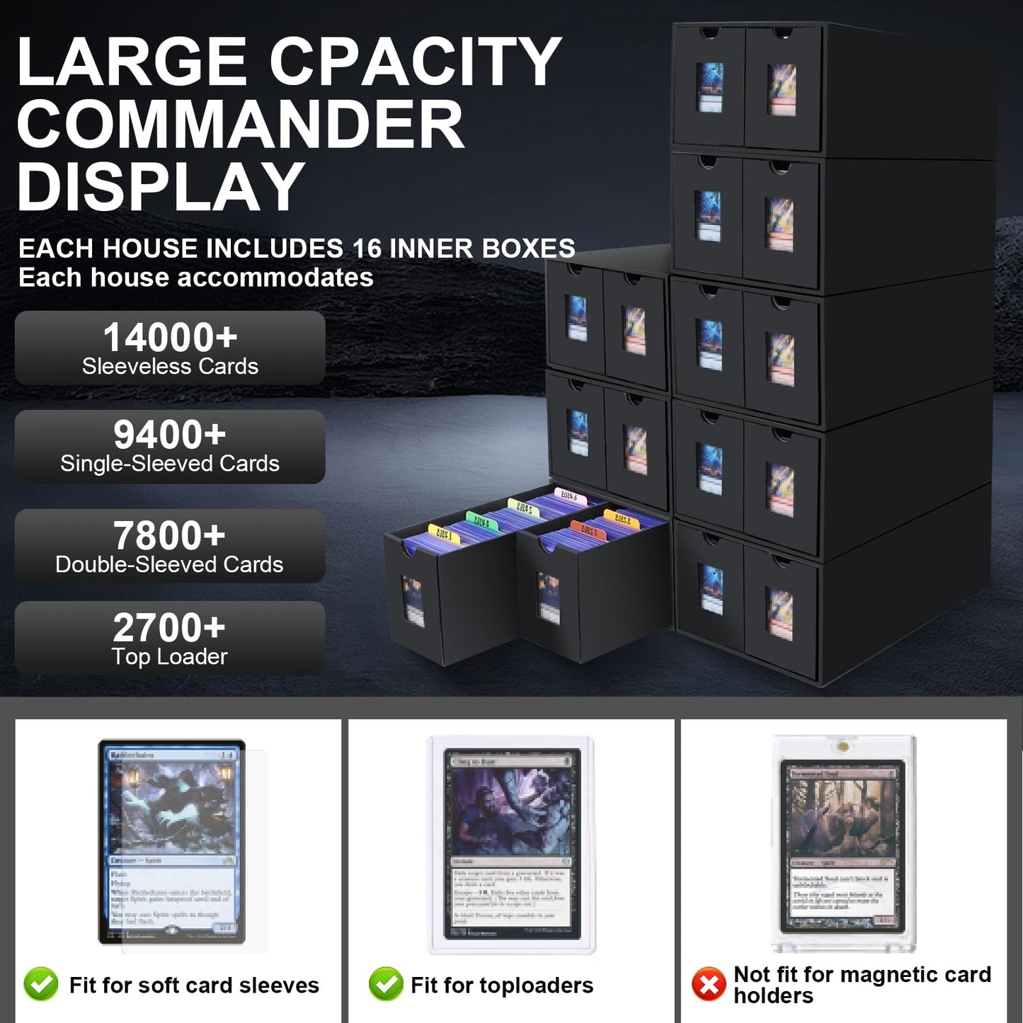 aopule 14000+ Card Storage Box | 2700+ Toploader Box for Commander Display | 72 Dividers, Labels & Tapes