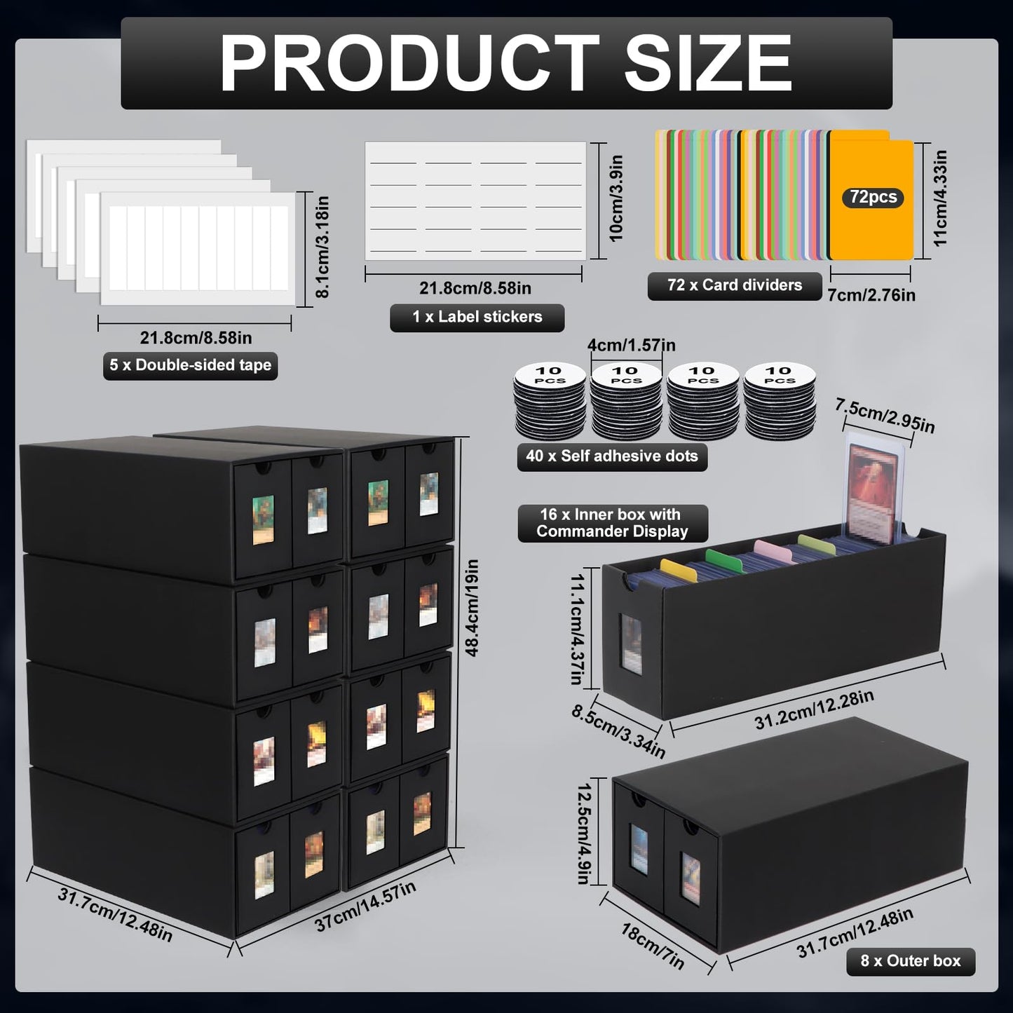 aopule 14000+ Card Storage Box | 2700+ Toploader Box for Commander Display | 72 Dividers, Labels & Tapes