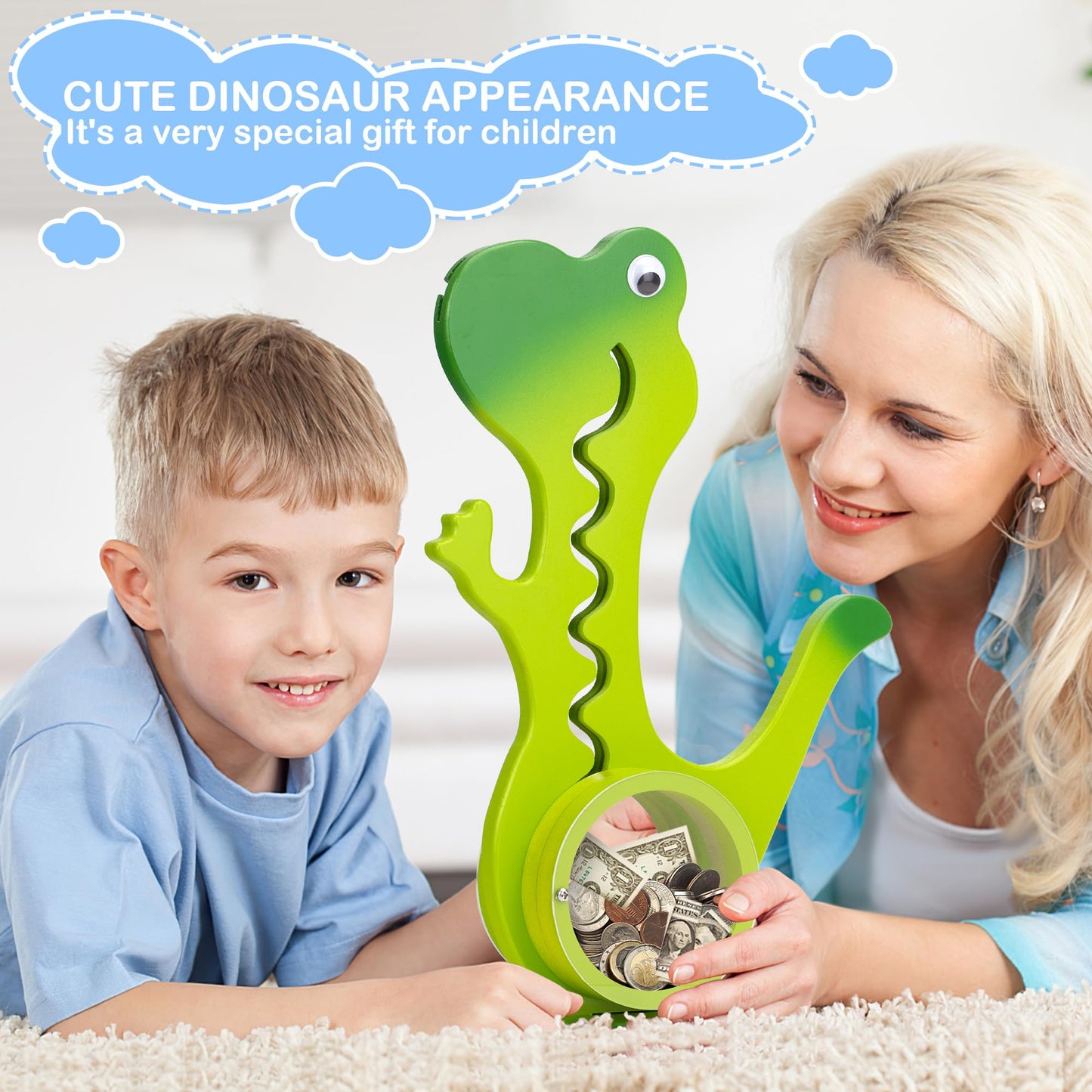 AORCMITN Wooden Dinosaur Piggy Bank – Interactive Saving Toy for Kids (Dino-Green)