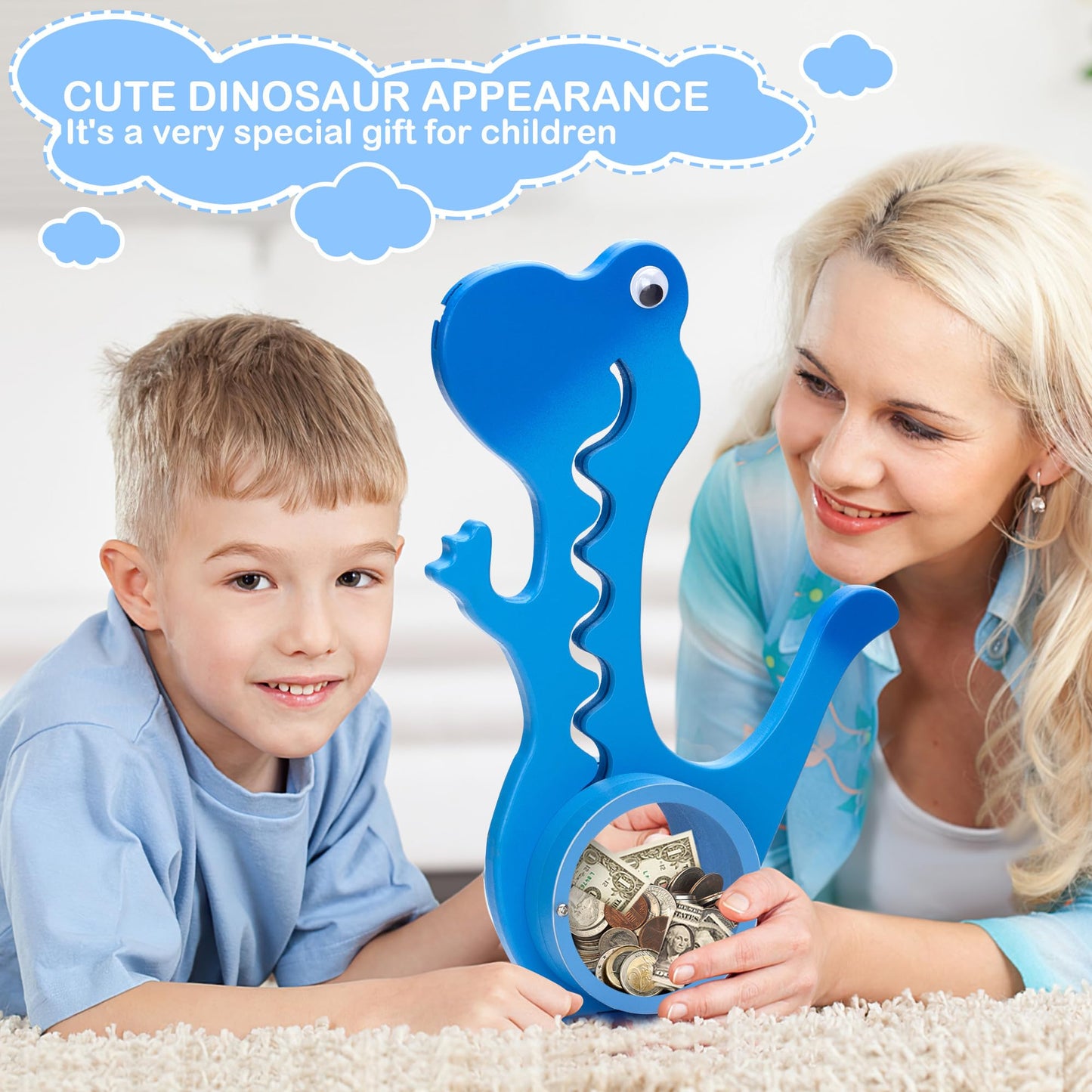 AORCMITN Wooden Dinosaur Piggy Bank – Dino-Blue, Clear Belly, Personalizable