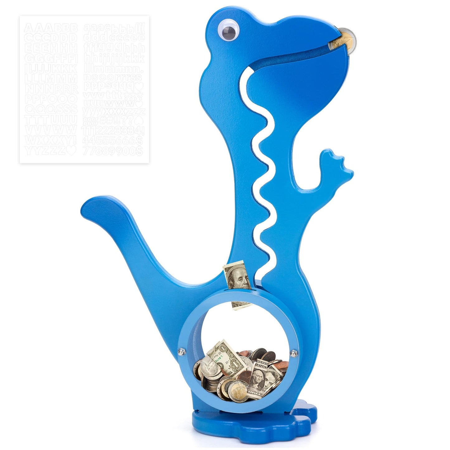 AORCMITN Wooden Dinosaur Piggy Bank – Dino-Blue, Clear Belly, Personalizable