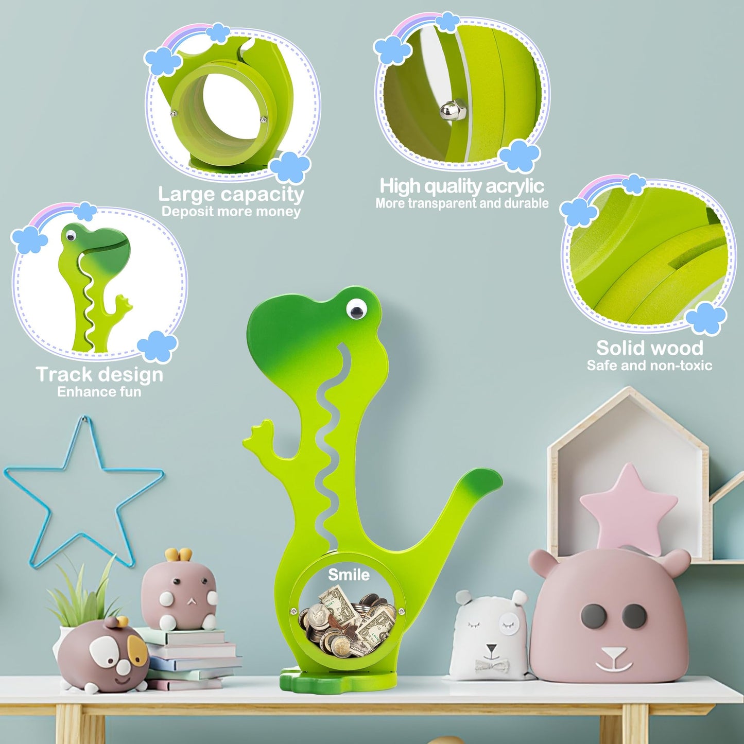 AORCMITN Wooden Dinosaur Piggy Bank – Interactive Saving Toy for Kids (Dino-Green)