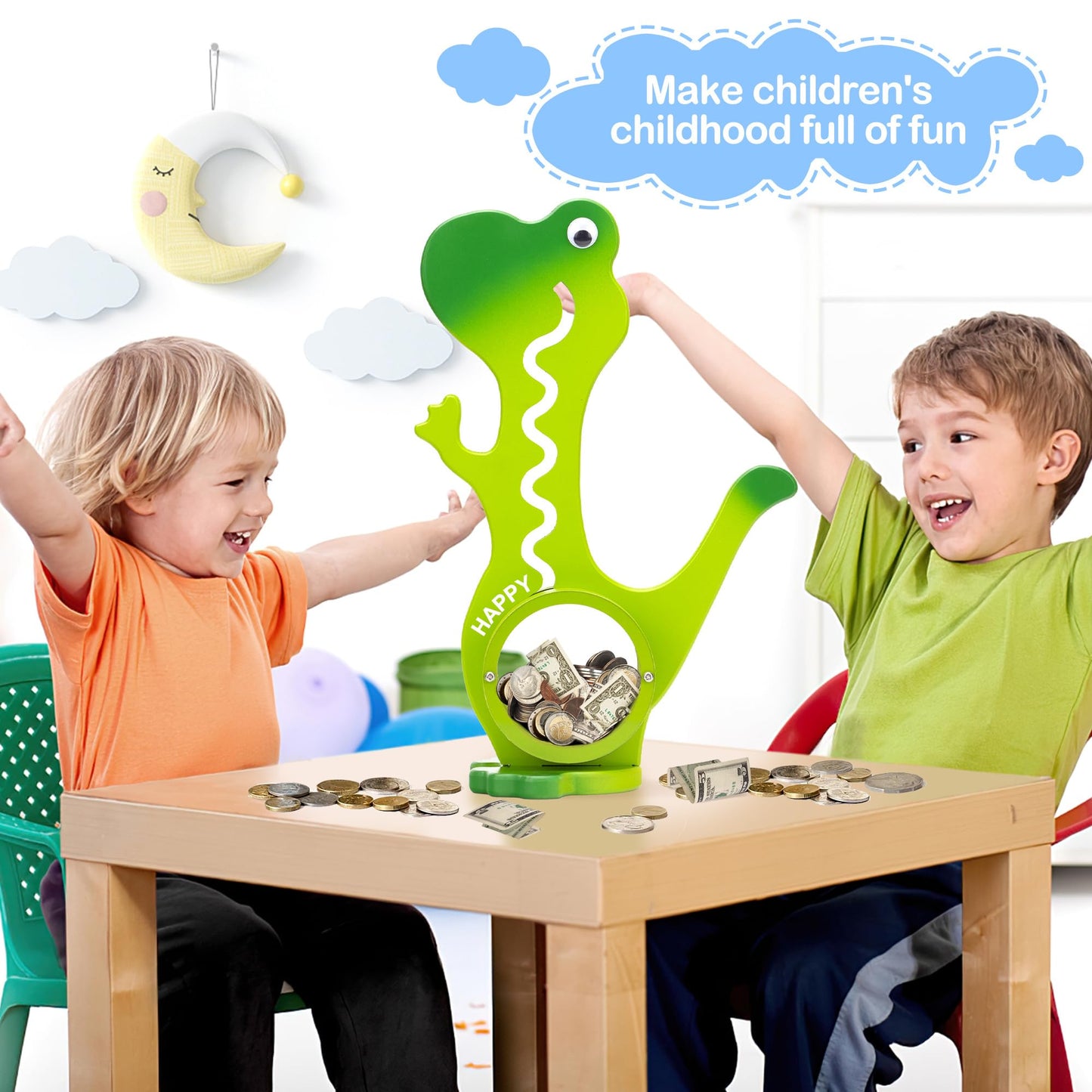 AORCMITN Wooden Dinosaur Piggy Bank – Interactive Saving Toy for Kids (Dino-Green)