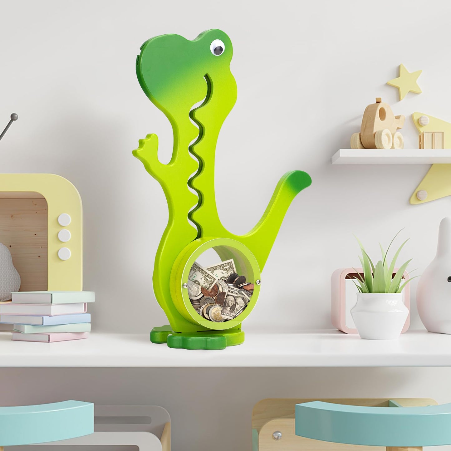 AORCMITN Wooden Dinosaur Piggy Bank – Interactive Saving Toy for Kids (Dino-Green)
