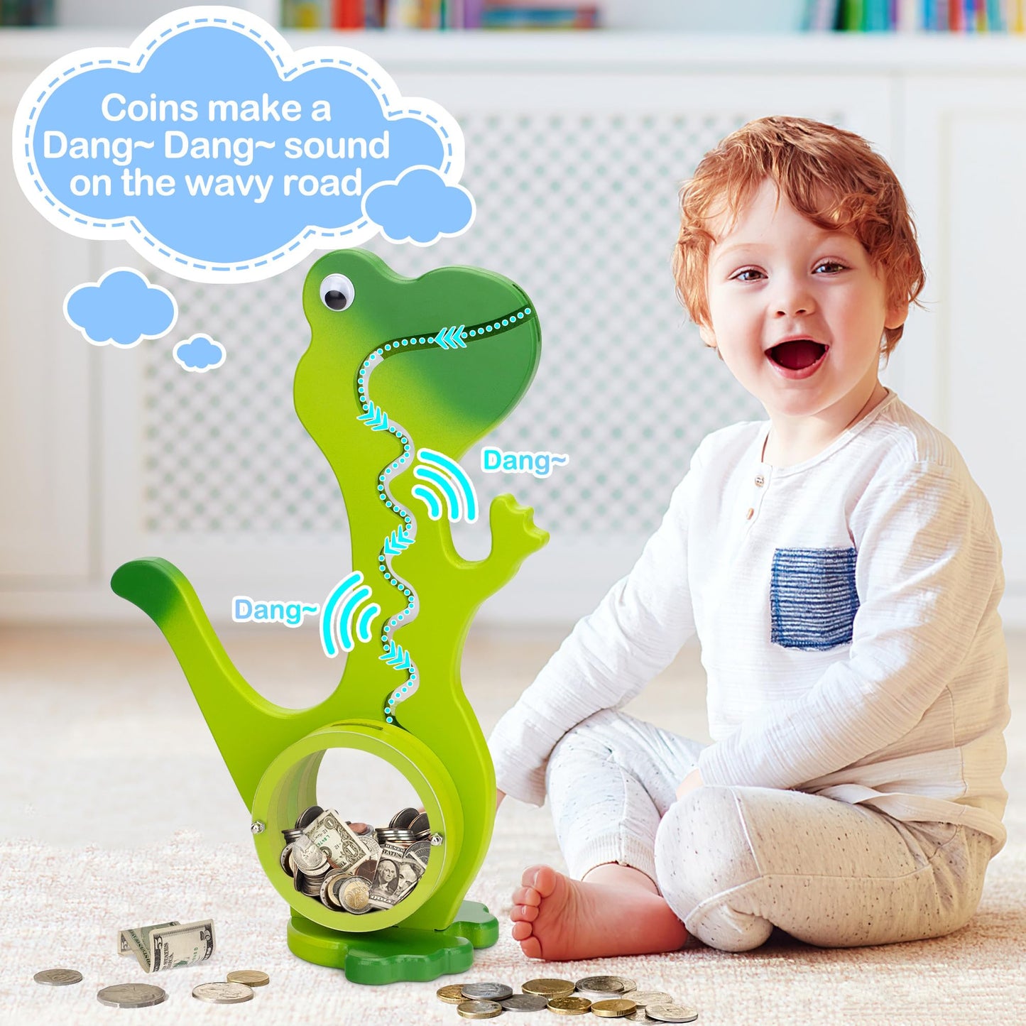 AORCMITN Wooden Dinosaur Piggy Bank – Interactive Saving Toy for Kids (Dino-Green)