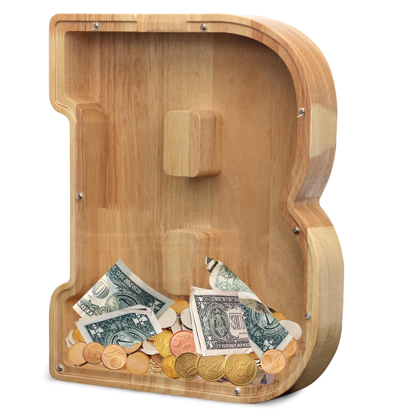 AORCMITN Extra Large Wooden Alphabet Money Bank – 12 Inch Letter Coin Jar for Kids (Initial-B-12)