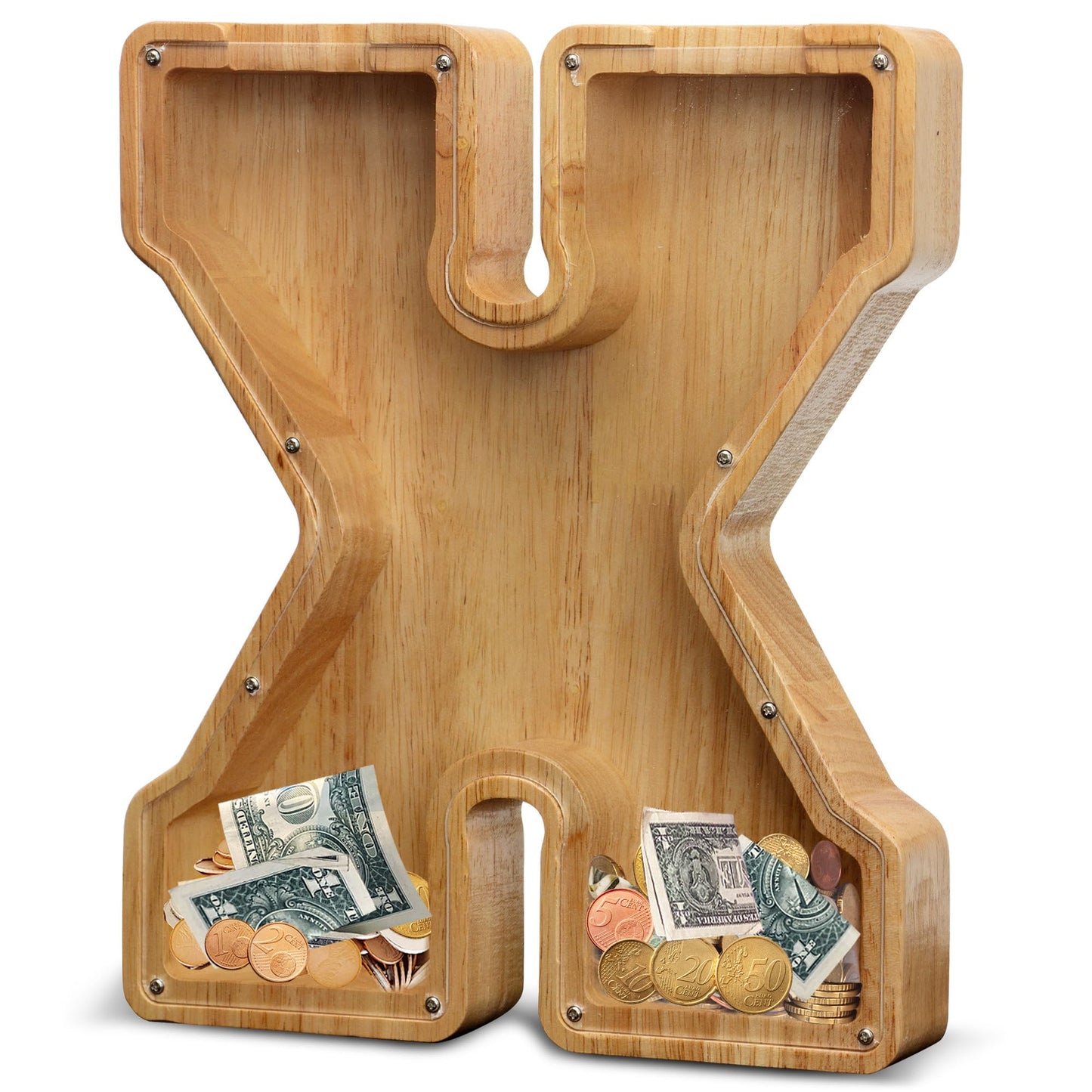 AORCMITN Extra Large Wooden Letter Coin Piggy Bank – Initial-X-12 for Kids