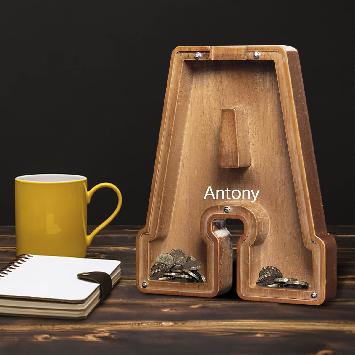 AORCMITN Large Wooden Letter Coin Bank — Personalized 9.2-Inch Pine Piggy Bank