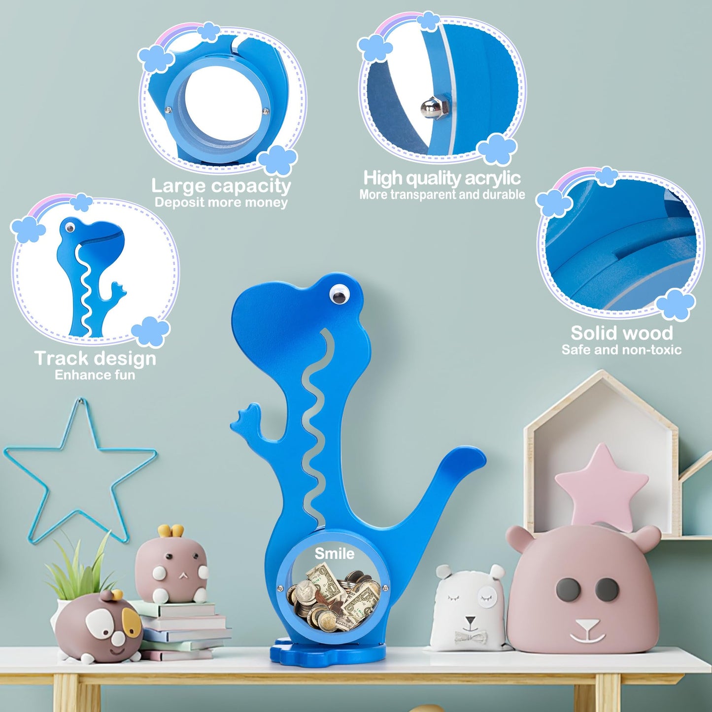 AORCMITN Wooden Dinosaur Piggy Bank – Dino-Blue, Clear Belly, Personalizable