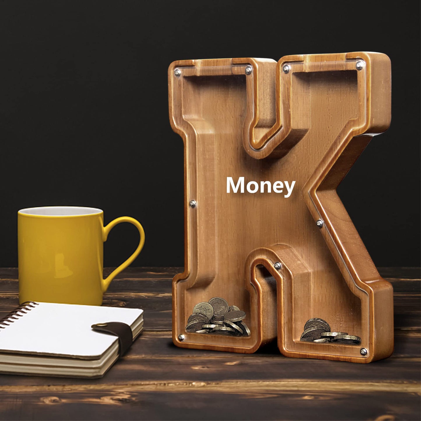 AORCMITN Large Wooden Letter Coin Bank — Personalized Alphabet Piggy Bank (9.2-Inch)