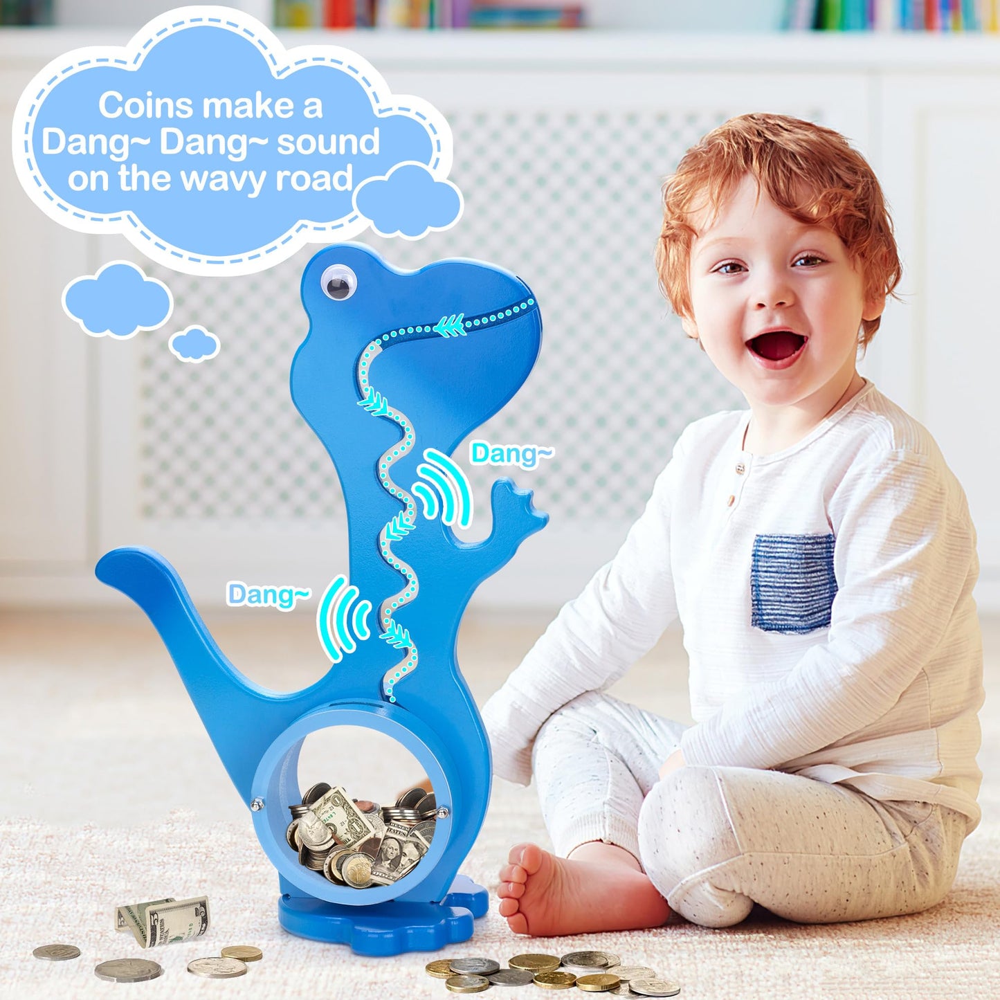 AORCMITN Wooden Dinosaur Piggy Bank – Dino-Blue, Clear Belly, Personalizable