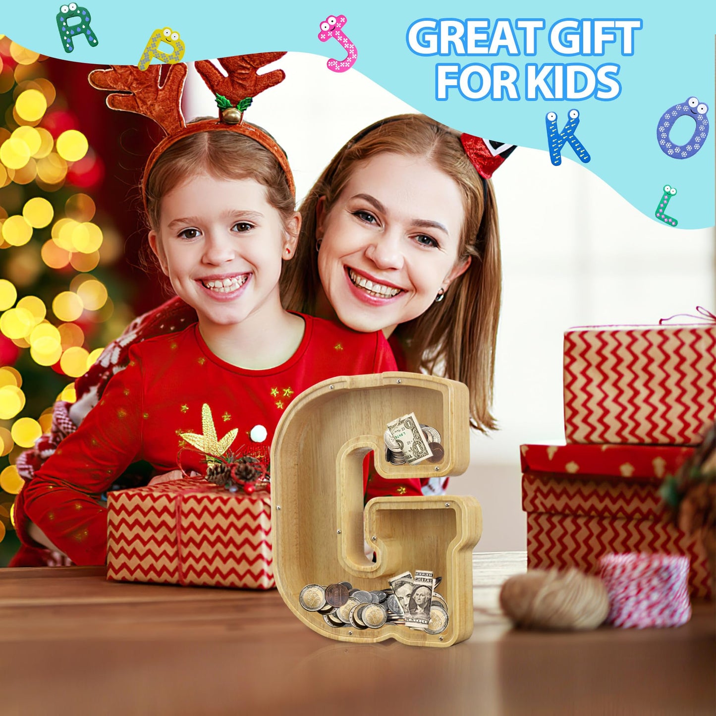 AORCMITN Extra Large Wooden Alphabet Piggy Bank – Initial-T-12 Money Jar for Kids