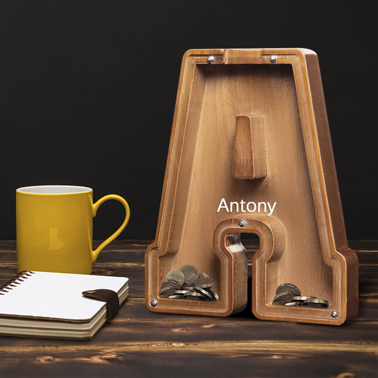 AORCMITN Large Wooden Letter Coin Bank – Personalized 9.2-Inch Piggy Bank