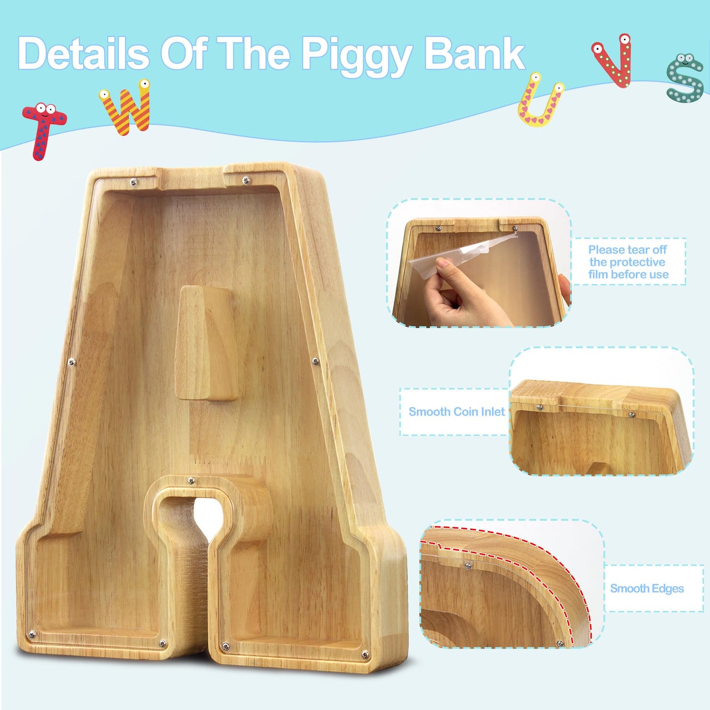 AORCMITN Extra Large Wooden Alphabet Piggy Bank – Initial-T-12 Money Jar for Kids