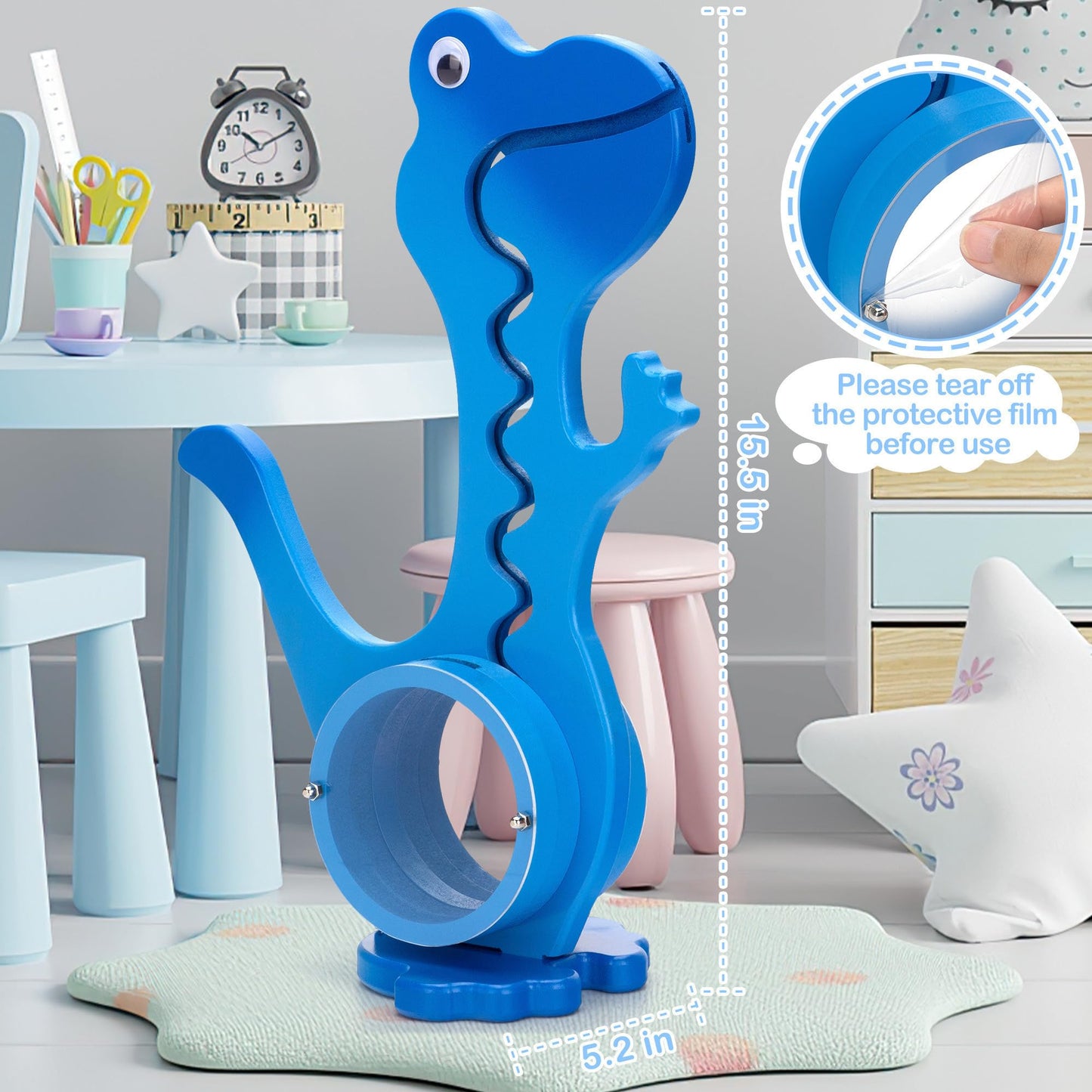 AORCMITN Wooden Dinosaur Piggy Bank – Dino-Blue, Clear Belly, Personalizable