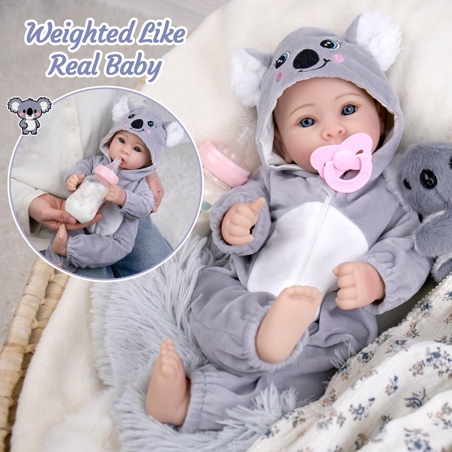 Aori 17-Inch Lifelike Baby Doll — Realistic Soft Body, Grey Outfit | Role Play & Adoption Day