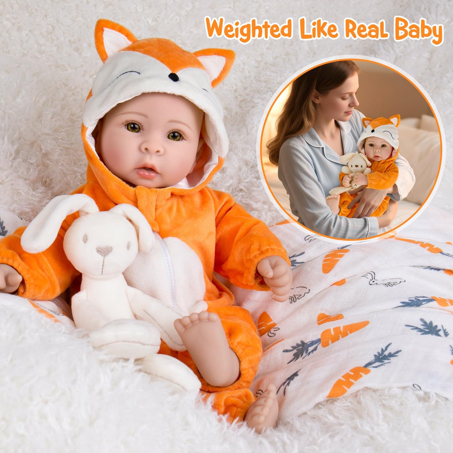 Aori Baby Dolls - 17-Inch Real Life Doll with Ultra-Soft Body & Fox Outfits for Girls 3+