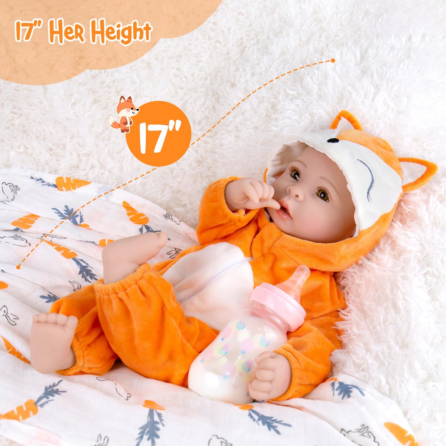 Aori Baby Dolls - 17-Inch Real Life Doll with Ultra-Soft Body & Fox Outfits for Girls 3+