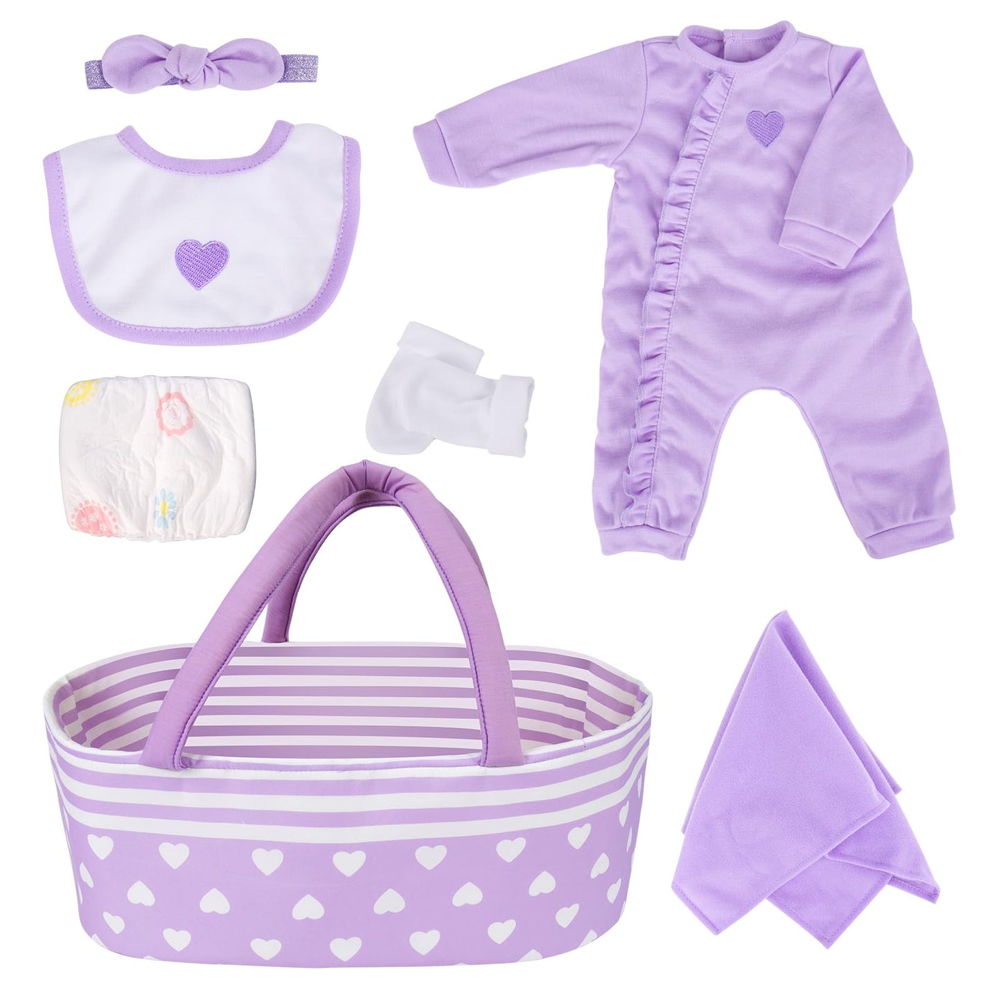 Aori 7-Piece Reborn Doll Clothes Set with Purple Bassinet for 17–22 Inch Dolls