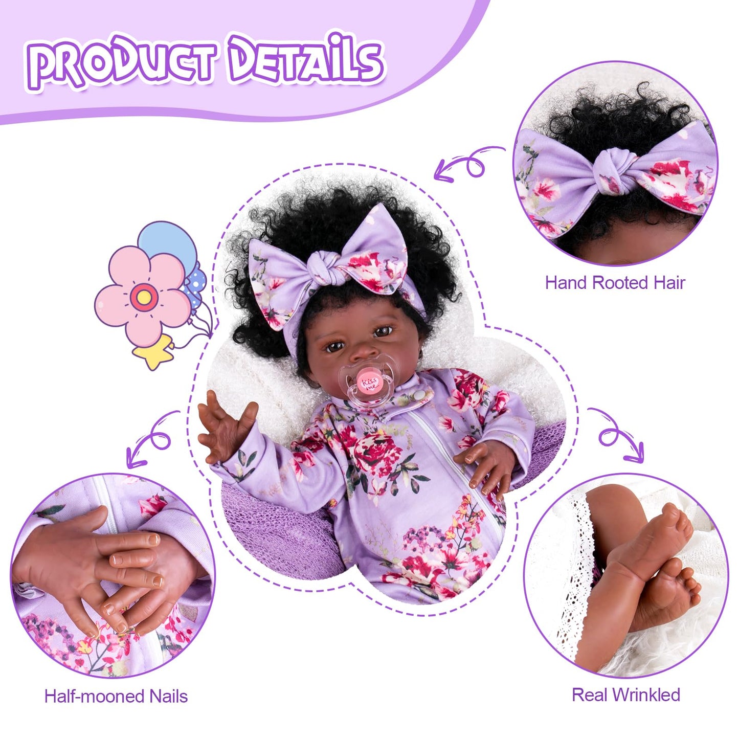 Aori Black Reborn Baby Doll Girl 20-Inch – Realistic Lifelike Black American Doll with Weighted Cloth Body
